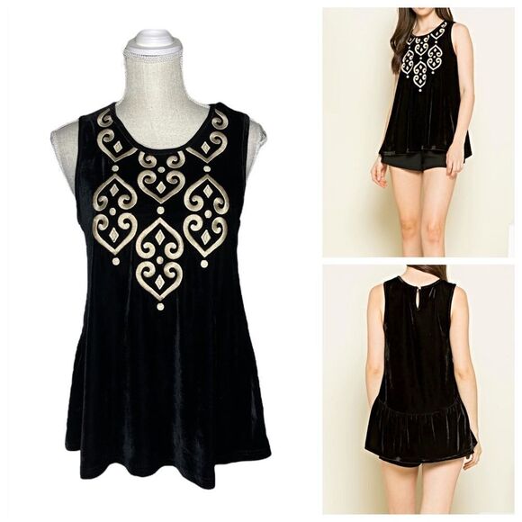 THML Embroidered Velvet Top in Black & Gold - Picture 1 of 11